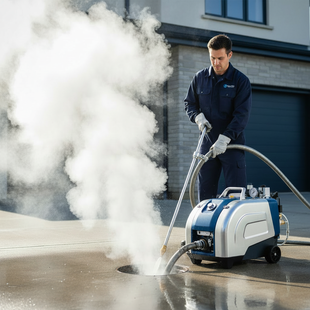 Hot water jetting machine in action clearing a drain