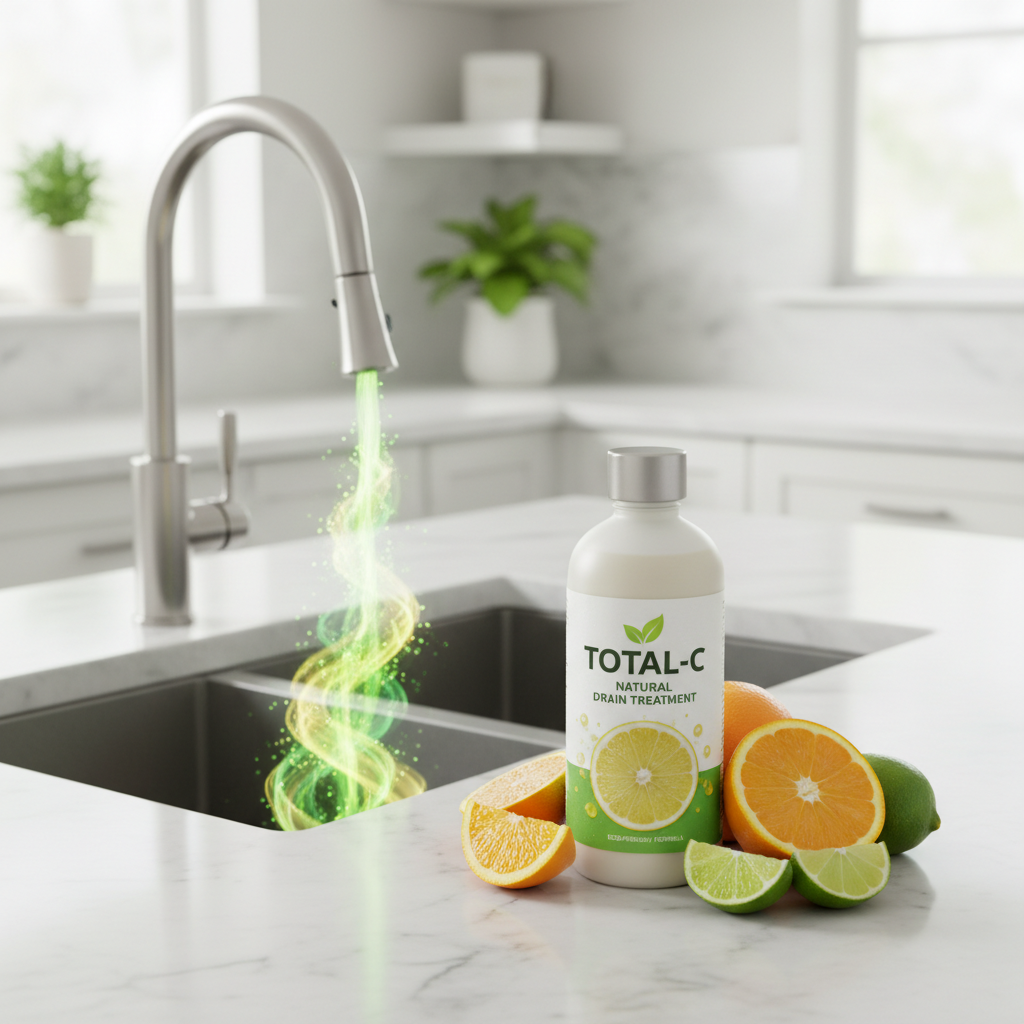 Total-C Natural Drain Treatment bottle with citrus fruits